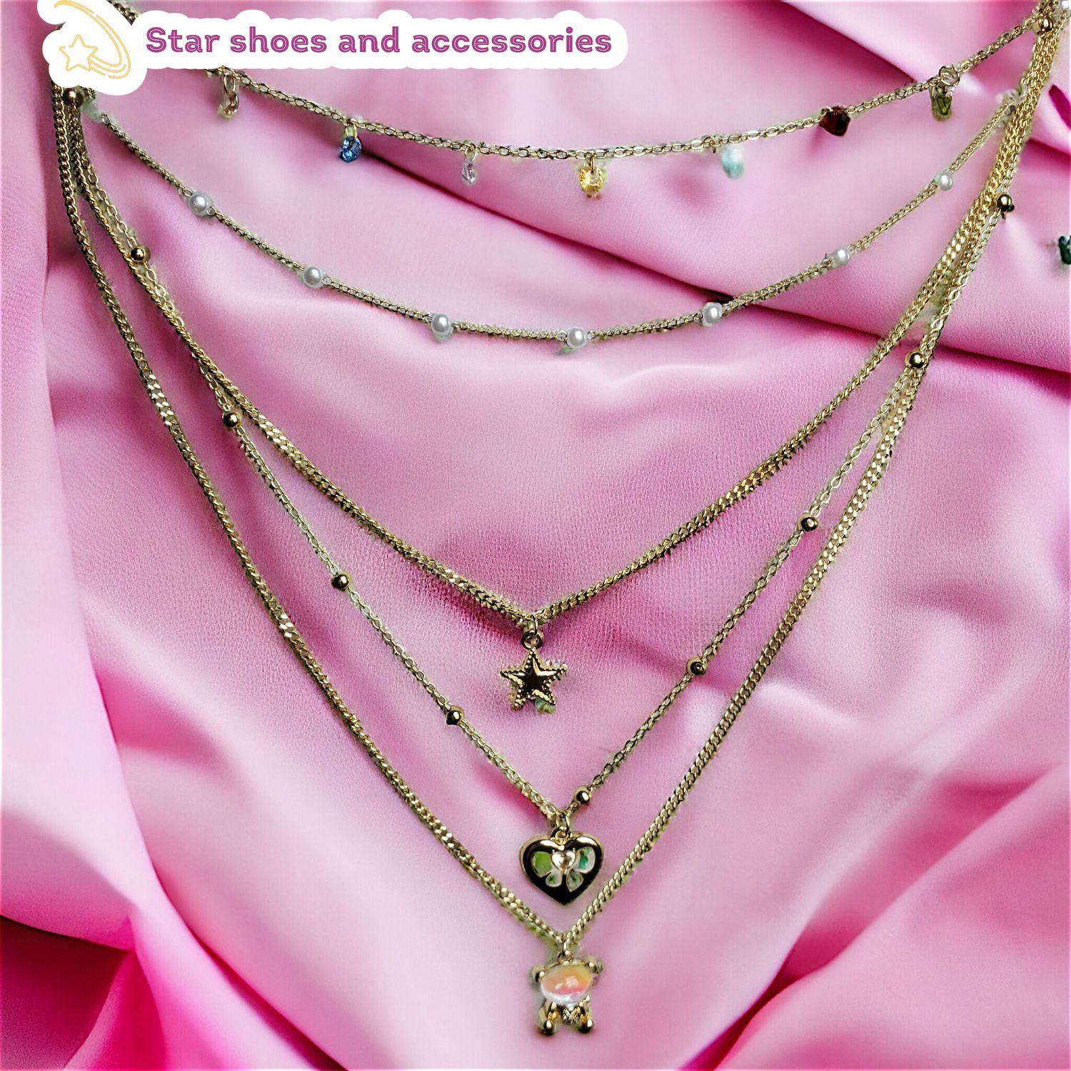 14k Laminated Gold 5 Layer Chain and Charms Necklace Set