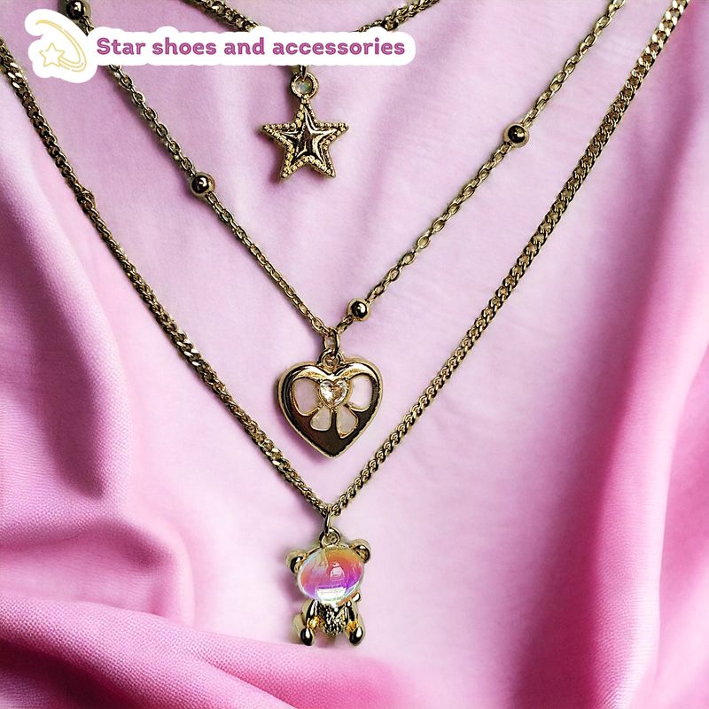 14k Laminated Gold 5 Layer Chain and Charms Necklace Set