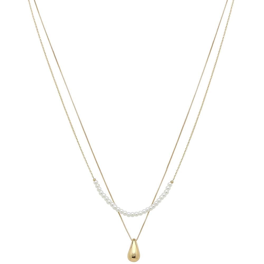 AN-4875 2 ROW Metal Teardrop Pendant Pearl Bead Layer Necklace, Color: Gold