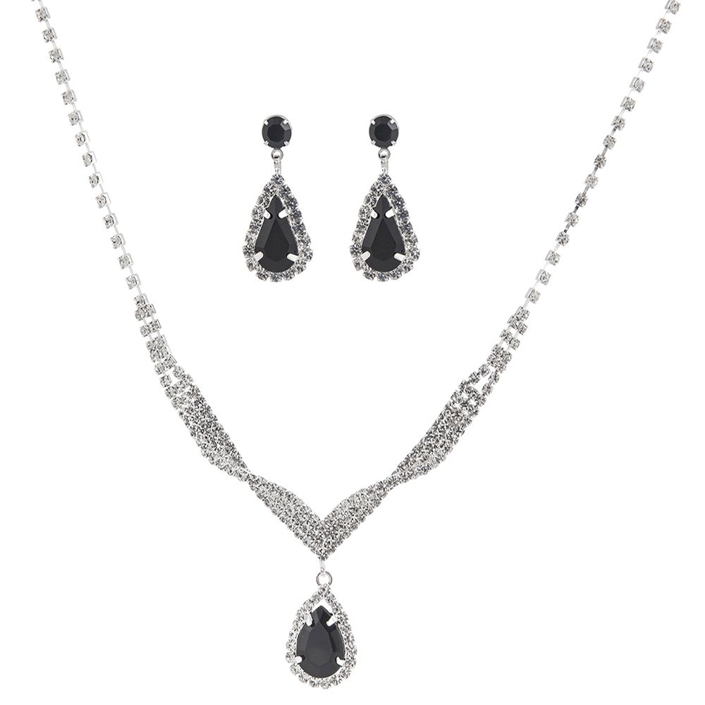 15494 Rhinestone Spiral Tear Crystal Necklace and Earring Set Slvr/black