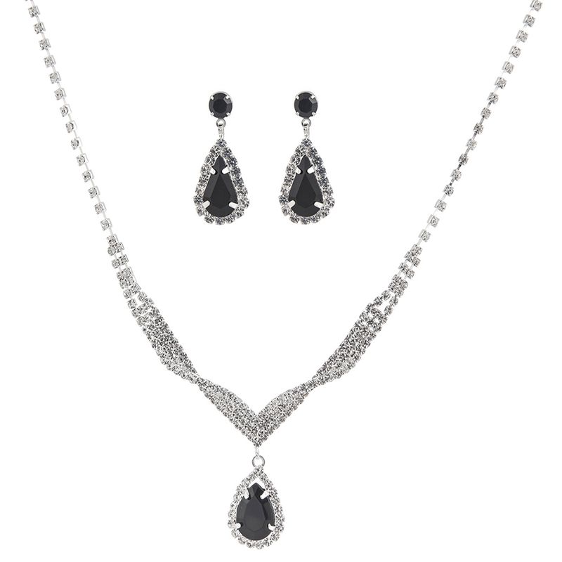 15494 Rhinestone Spiral Tear Crystal Necklace and Earring Set Slvr/black