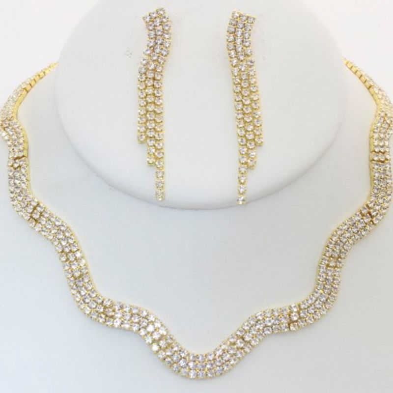 S-20397 Wave Rhinestone Necklace Earring Set Gold
