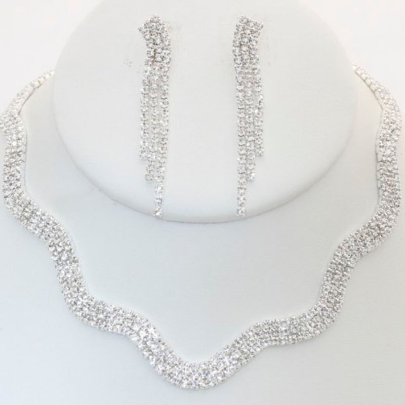 S-20397 Wave Rhinestone Necklace Earring Set Silver