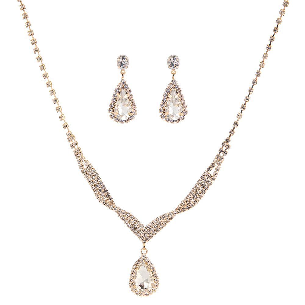 15494 Rhinestone Spiral Tear Crystal Necklace and Earring Set Gld