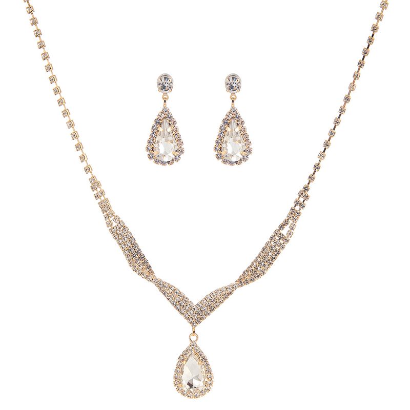 15494 Rhinestone Spiral Tear Crystal Necklace and Earring Set Gld