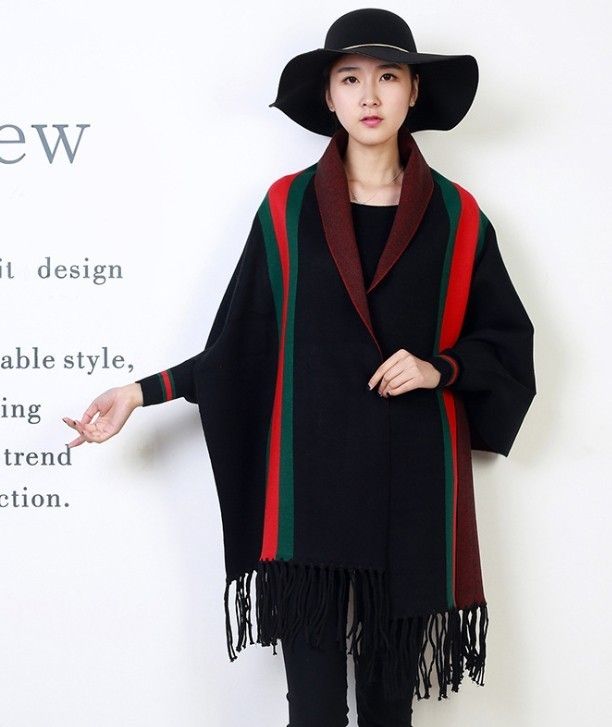 Striped Shawl Poncho with arm holes and Tassels, Color: Black