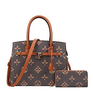 D03-6794W   2 in 1 Monogram Padlock Classic Satchel   , Color: Brown
