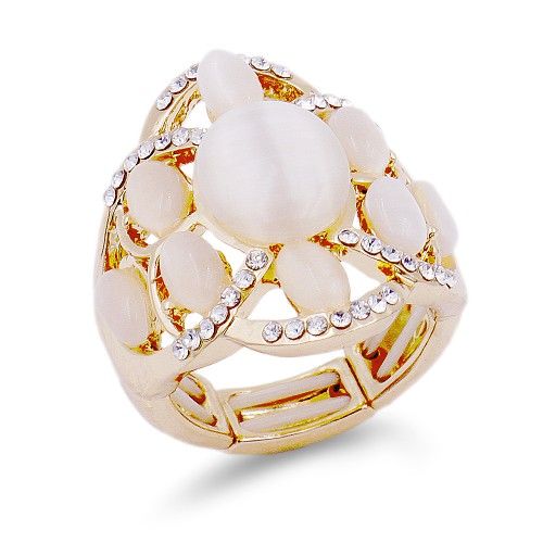 RB2213    Crystal Flower Adjustable Stretch Ring, Color: White
