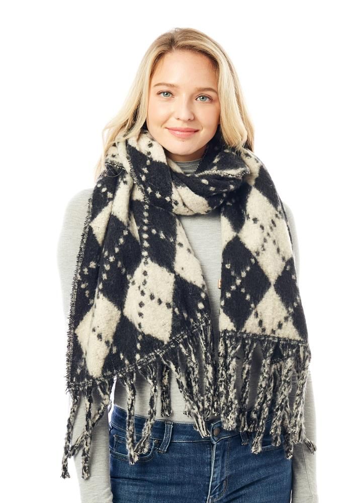 Lof-1288  Plaid Pattern Blanket Scarf  , Color: Black