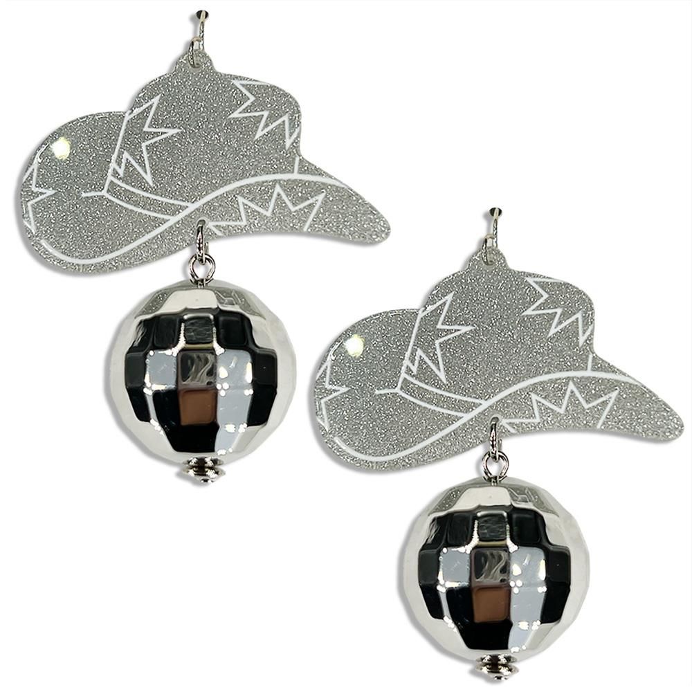 ME-1669   Western Hat Disco Ball Dangle Earring, Color: Silver