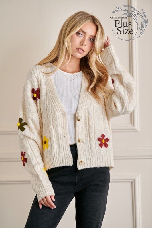 Plus Cable Knit Textured Sweater Cardigan Cream, Size: 1XL
