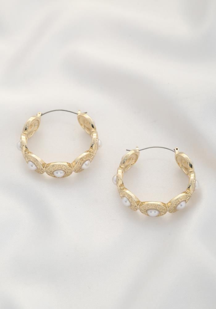 Greek Pattern Hoop Style Earrings, Color: Gold
