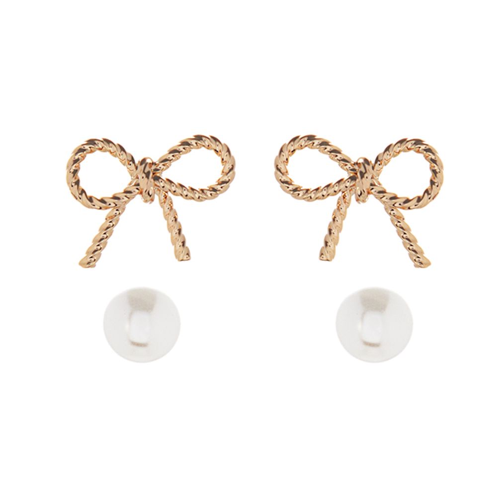 C2ES-9007 Ribbon Post and Pearl Earring Set, Color: Gold