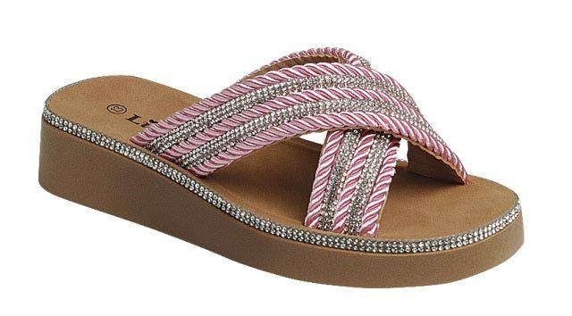 Milou-05K Girls Slip-on Wedge Sandal w/Rope and Rhinestones