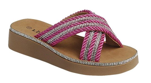 Milou-05K Girls Slip-on Wedge Sandal w/Rope and Rhinestones