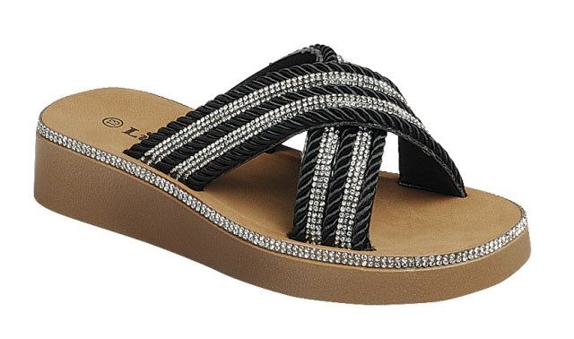 Milou-05K Girls Slip-on Wedge Sandal w/Rope and Rhinestones, Color: Black, Size: 9