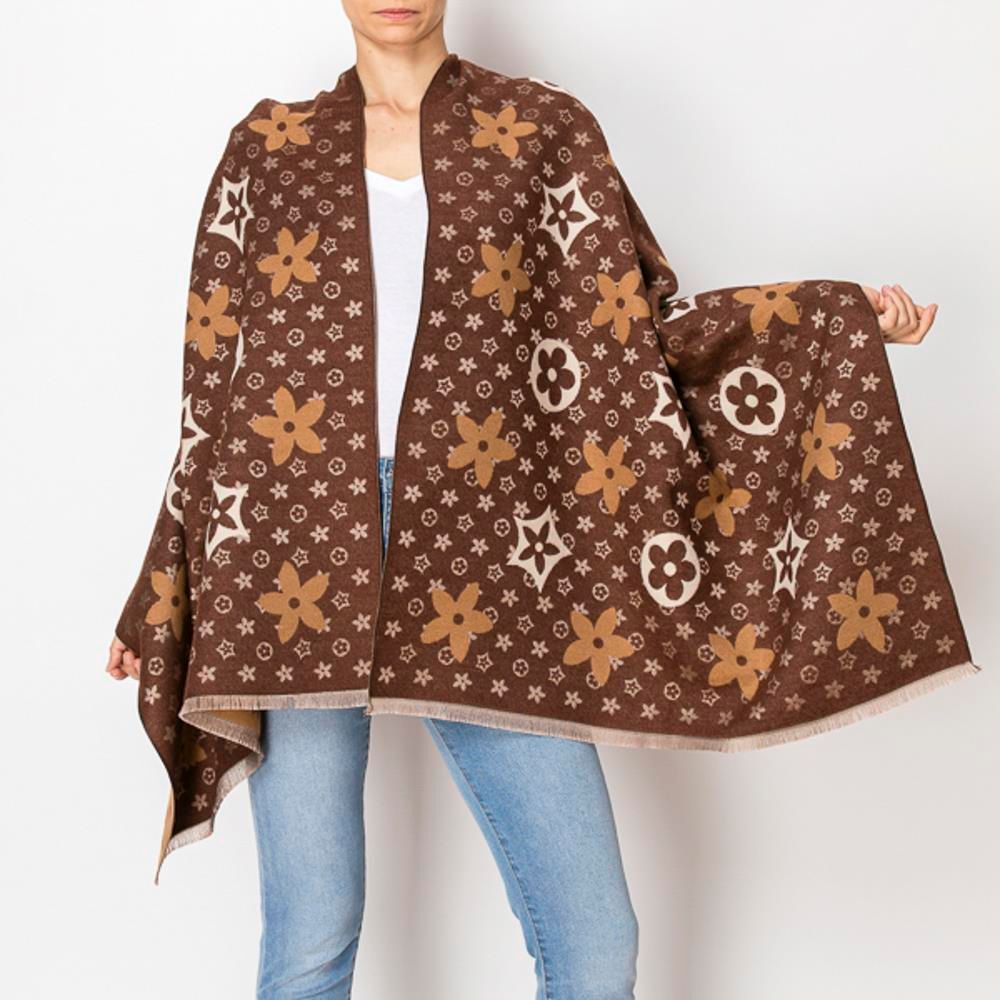 AS-510 Flower Pattern Blanket Shawl Ruana, Color: Brown