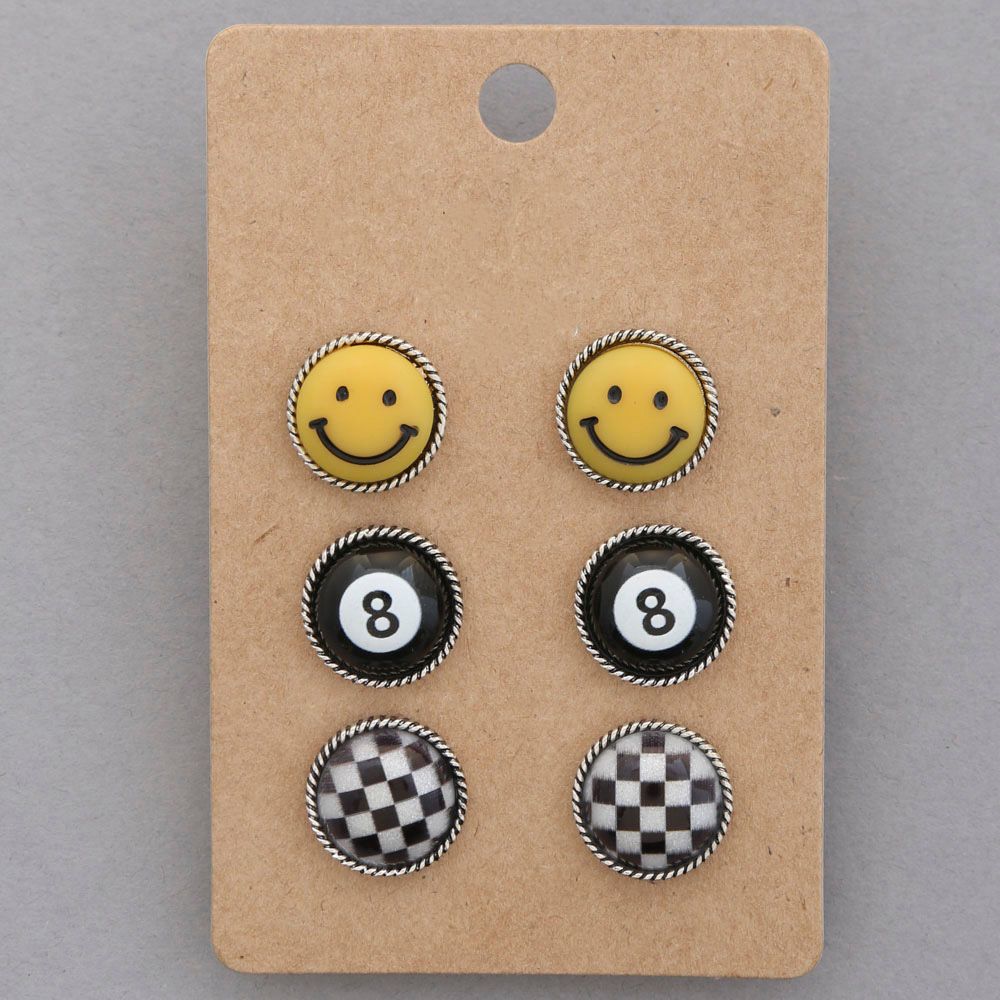 SE-2544 Eight Ball Smiley Face Round Assorted Earring Set