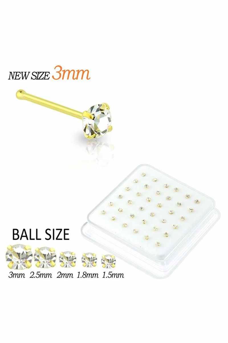 2MM CZ Stone Sterling Nose Stud with Ball Tip, Color: Gold