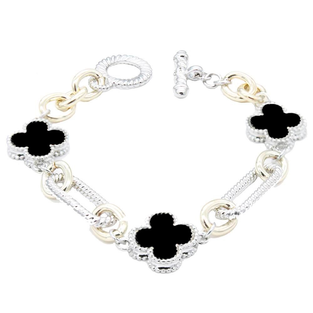 BC-951 14K Gold Plated Two Tone Clover Toggle Clasp Bracelet