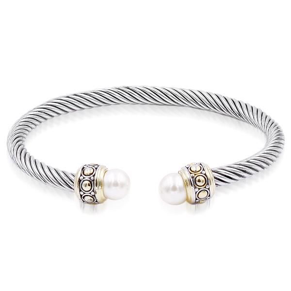 BC-7130 Two Tone Lined Pearl Bead Cuff Bracelet