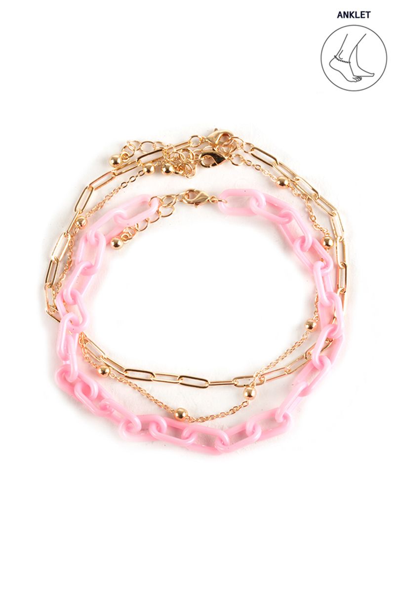 FA-0037   1x3 Layered Metal Plastic Chain Anklet  , Color: Pink
