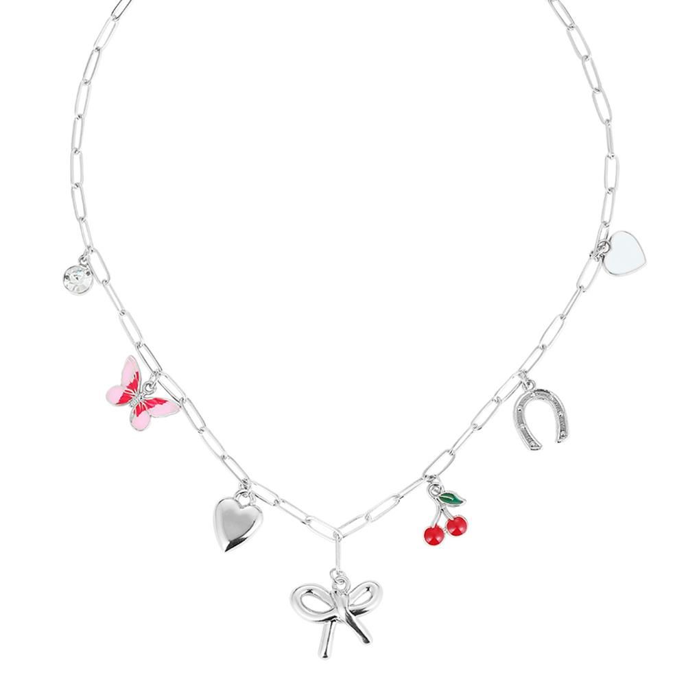 18709 Bow Multi Charm Necklace, Color: Silver