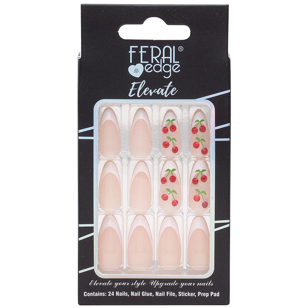 FERAL EDGE French Tip w/Cherry Charm Press On Nail Set