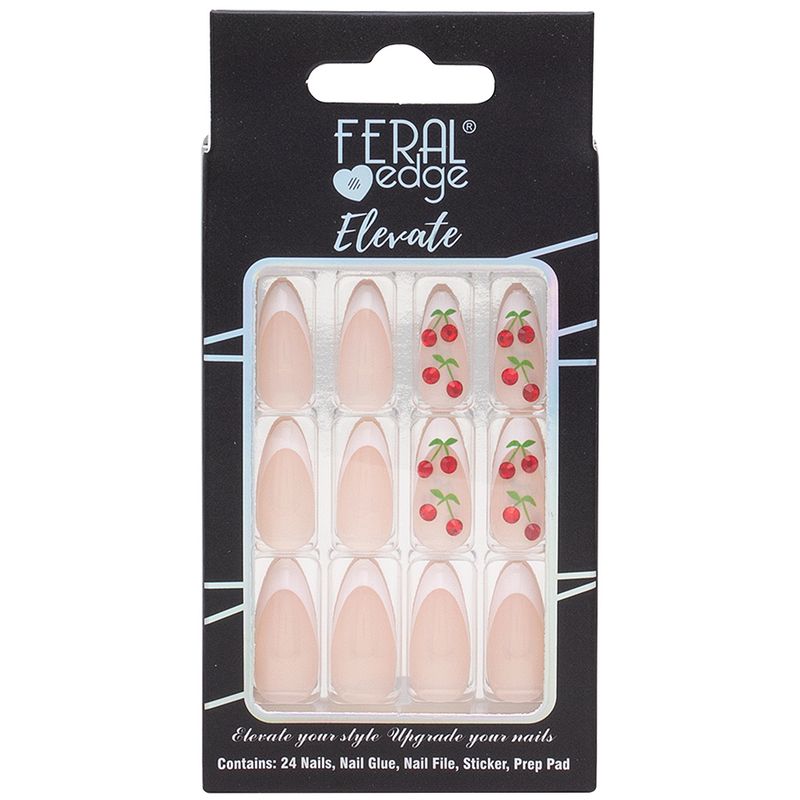 FERAL EDGE French Tip w/Cherry Charm Press On Nail Set