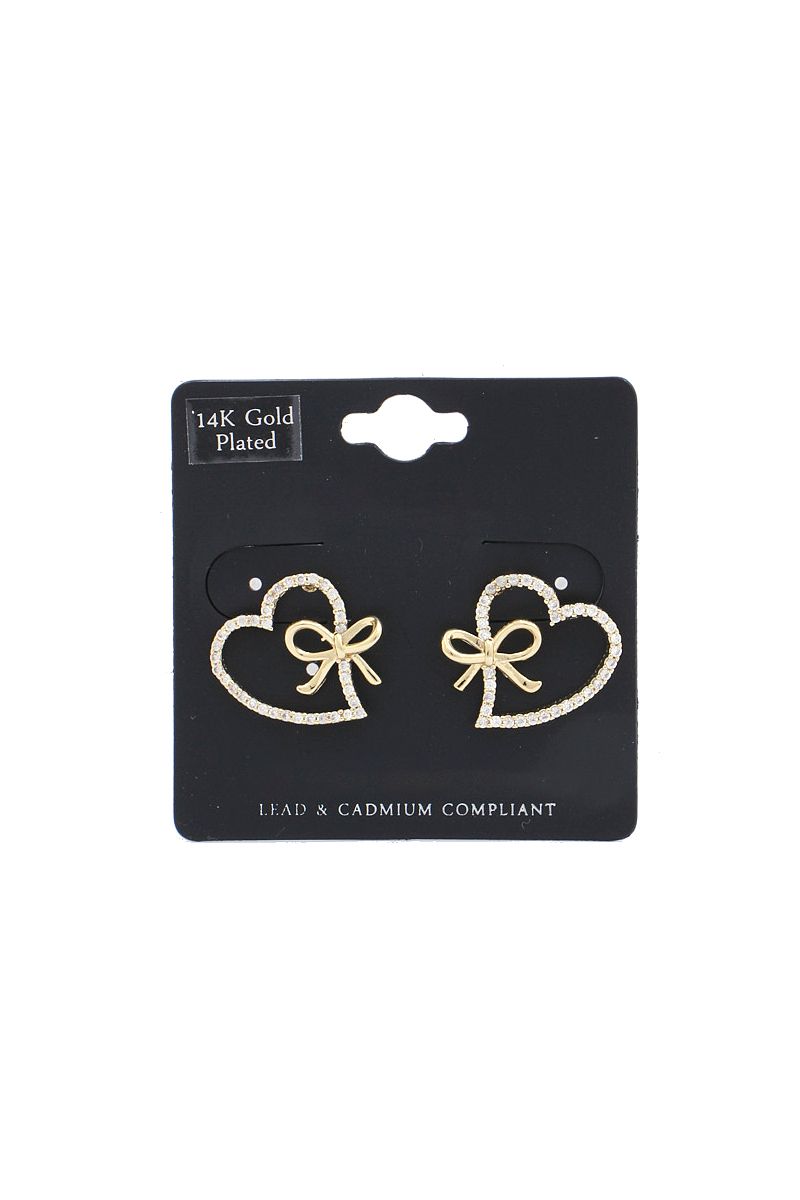 26793V Dainty Heart Bow Rhinestone Earrings, Color: Gold