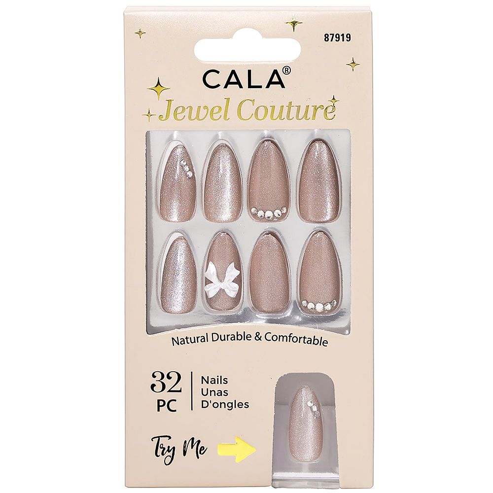 CALA JEWEL Couture Ice Cat Eye Nude Press On Nails w/Bow Charm