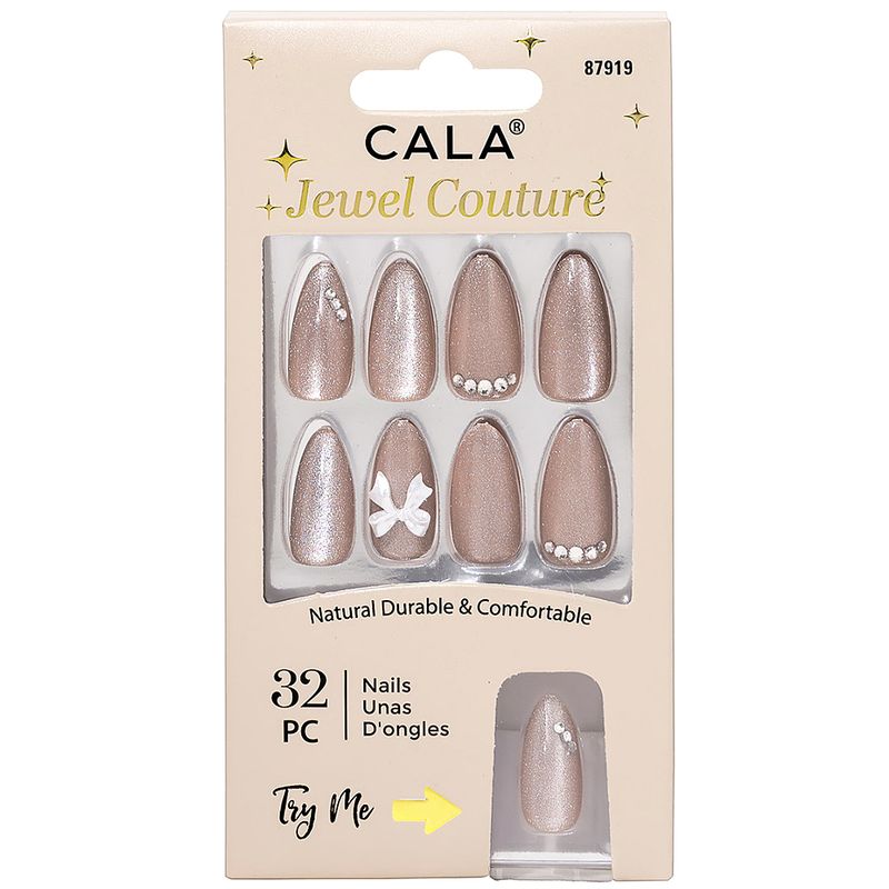 CALA JEWEL Couture Ice Cat Eye Nude Press On Nails w/Bow Charm
