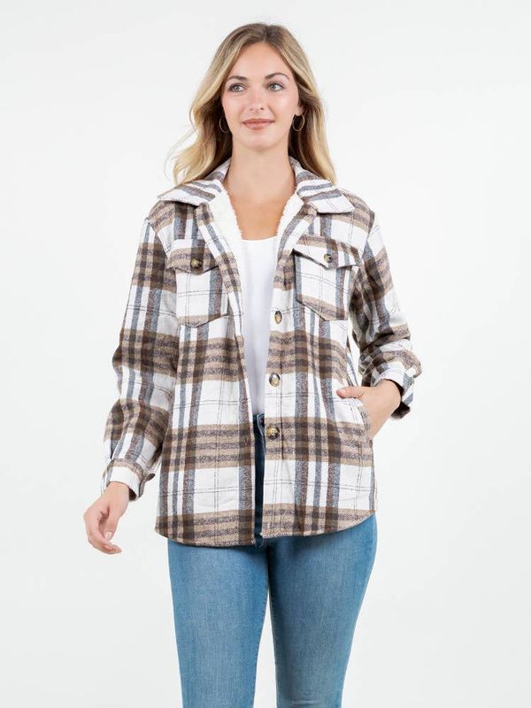 White Brown Checker Plaid Fur Flannel Shacket with Pockets