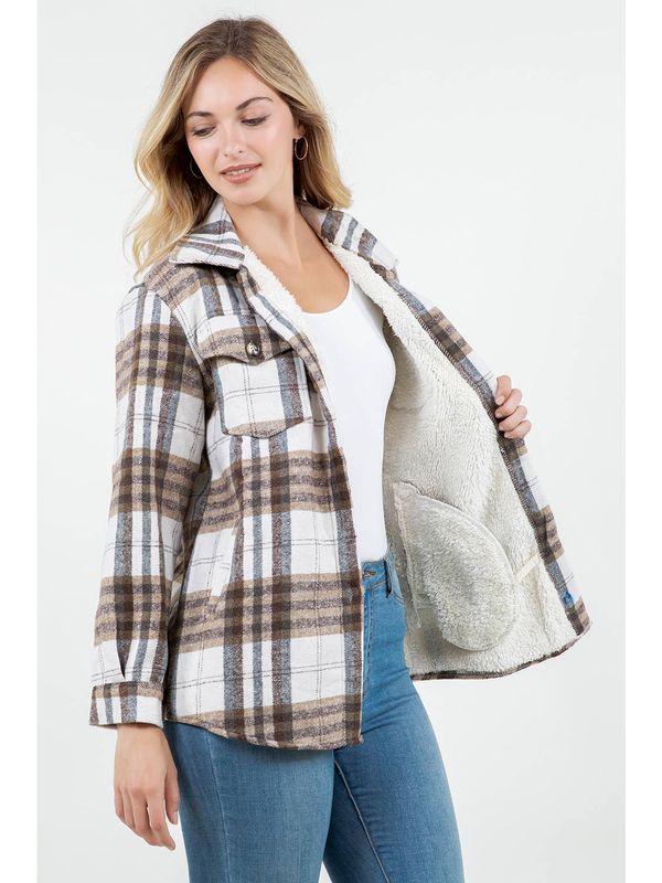 White Brown Checker Plaid Fur Flannel Shacket with Pockets