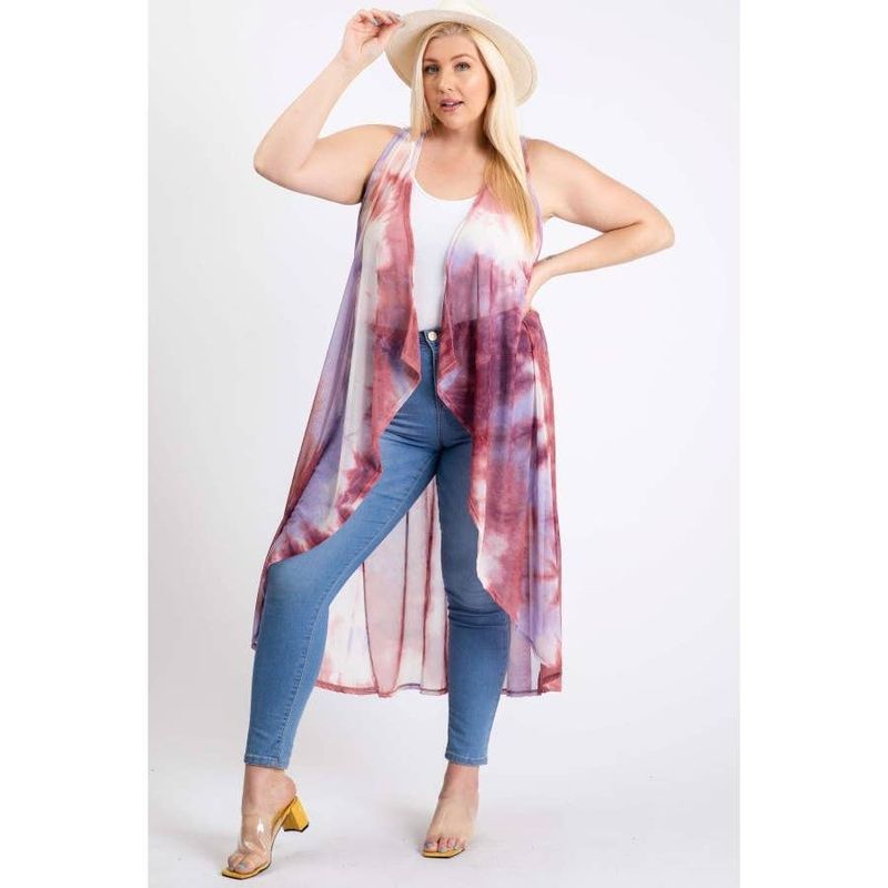 Plus Size Tye Dye Meshed Maxi Summer Cardigan Vest