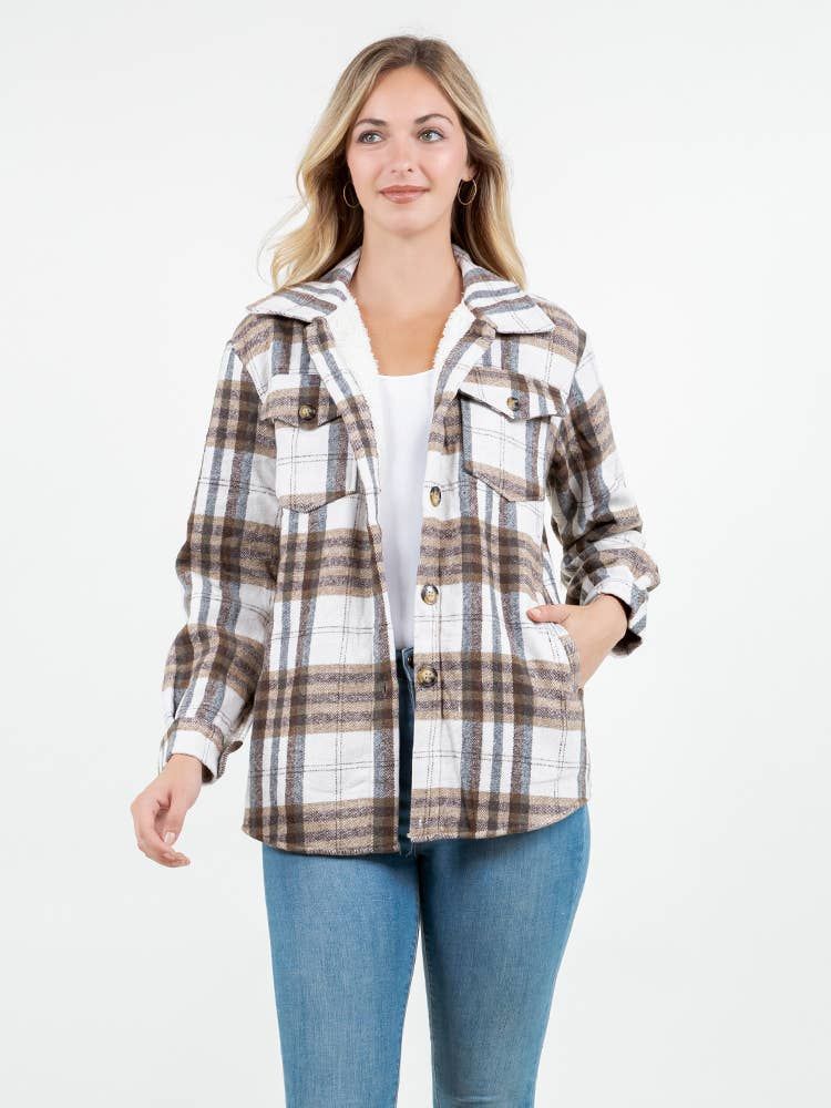 White Brown Checker Plaid Fur Flannel Shacket with Pockets, Size: Small