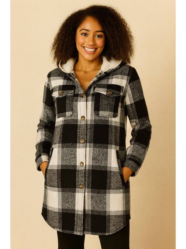 Fur Lined Plaid Flannel Shacket with Hoodie and Side Pockets
