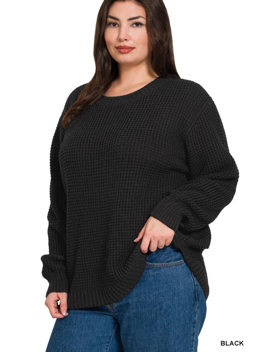 Plus Size Basic Waffle Sweater, Color: Black, Size: 1X