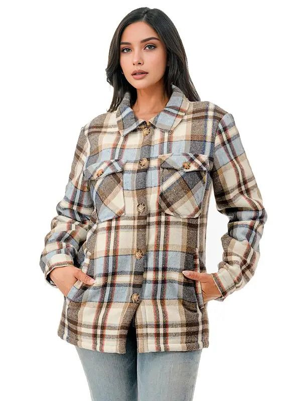 Fur Lined Plaid Flannel Shirt Jacket Shacket with Pockets