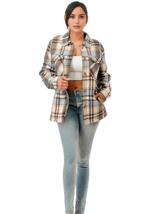 Fur Lined Plaid Flannel Shirt Jacket Shacket with Pockets