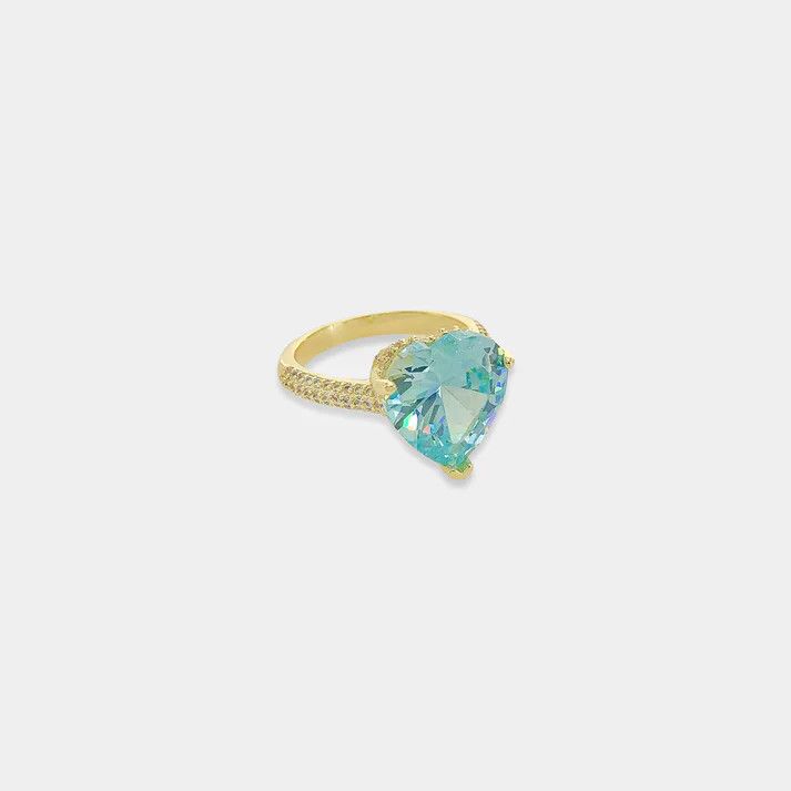 Heart CZ Ring, Color: Aquamarine/Gold, Size: 6