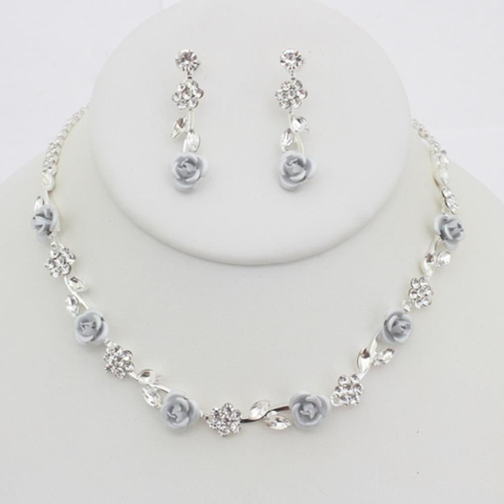 S-20721 Flower Necklace Earring Set Silver