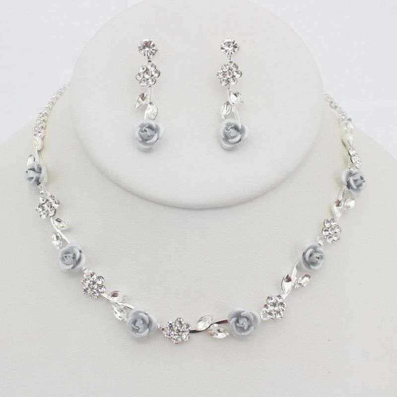 S-20721 Flower Necklace Earring Set Silver