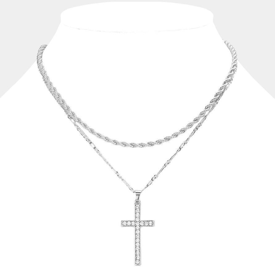 Stone Paved Cross Pendant Double Layered Necklace Silver