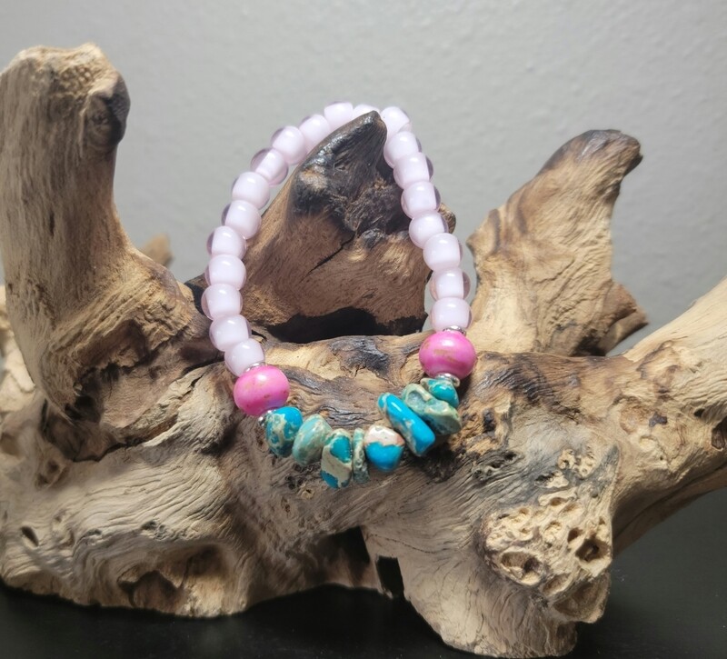 Pink white heart beads with African Turquoise 