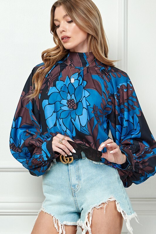 Blue large floral print blouse