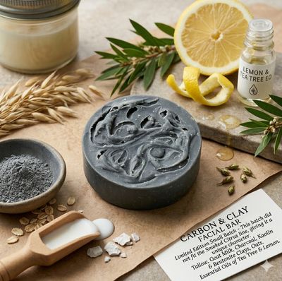 Limited Edition Charcoal Face Soap - Carbon & Clay Facial Bar with Farm Goat Milk, Tallow, Bentonite Clay, Tea Tree and Lemon for Oily & Combination Skin
