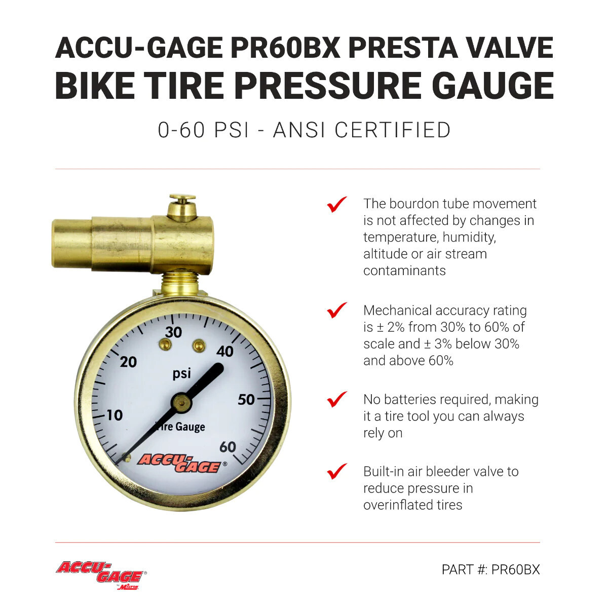 Manomètre ACCU-GAGE PR60BX - Valve presta, 0-60psi