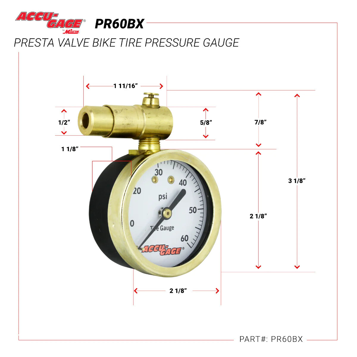Manomètre ACCU-GAGE PR60BX - Valve presta, 0-60psi
