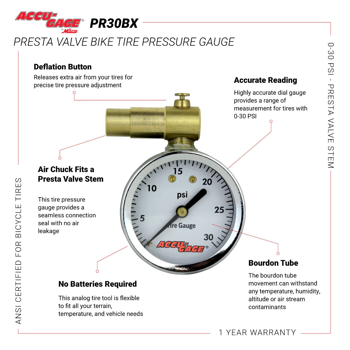 Manomètre ACCU-GAGE PR30BX - Valve presta, 0-30psi